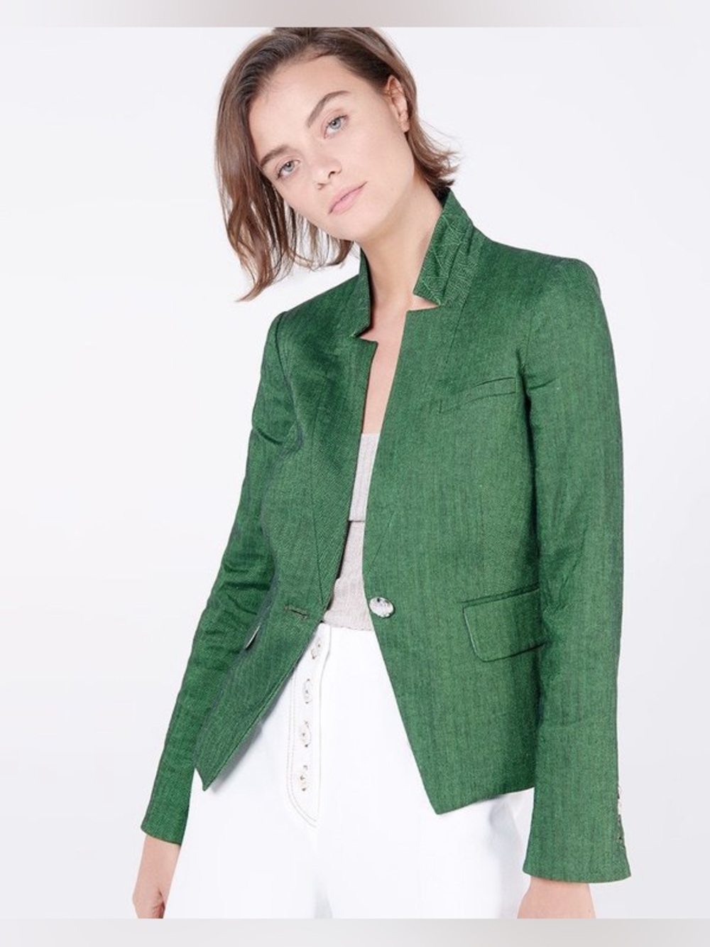 Veronica Beard Farley Herringbone Dickey Jacket in Green, Size 4